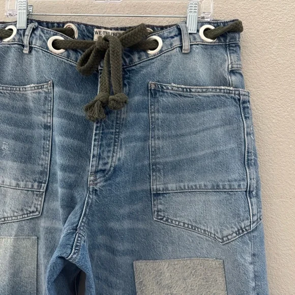 Free People Moxie Barrel Jeans Denim Blue Patches Baggy Slouchy Boho Festival 31 - Picture 9 of 14